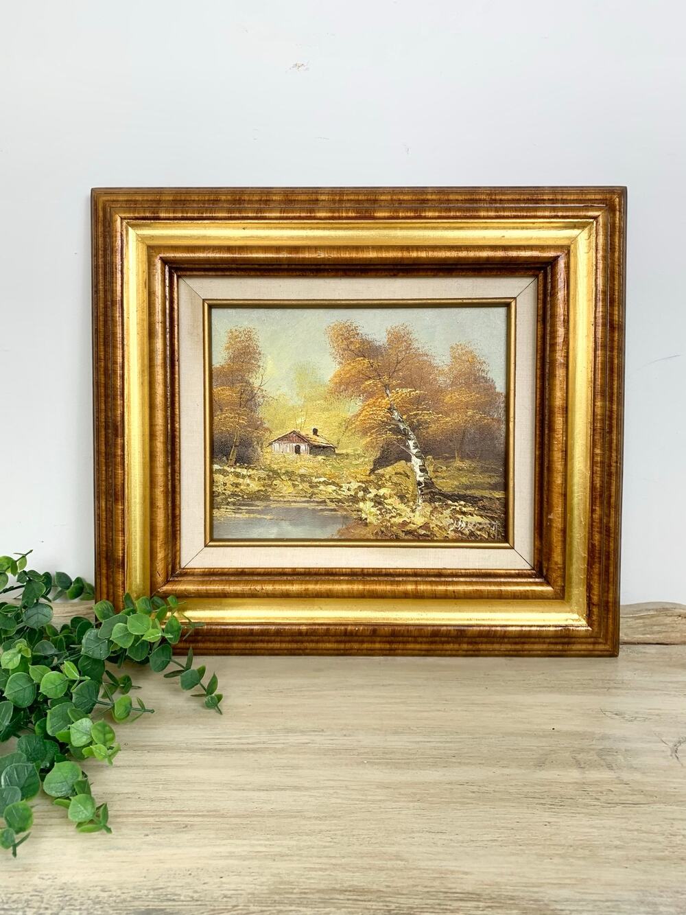 Vintage Landscape Oil Painting Cabin Woodland Scene Framed Signed Cottagecore